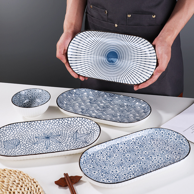 30cm Oval Fish Plate National Tide Pattern Japanese Style Fish Plate Creative Dumpling Plate Yamada Braised Egg-Shaped Fish Plate 30cm Oval Fish Plate National Tide Pattern Japanese Style Fish Plate Creative Dumpling Plate Yamada Braised Egg-Shaped Fish Plate