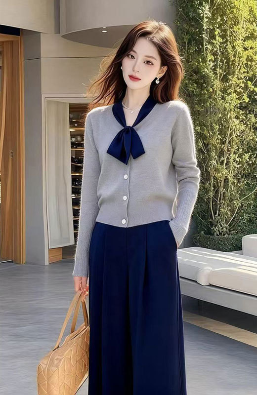 时尚复古绝美蓝色蝴蝶结长袖针织衫女秋冬新款阔腿裤子两件套装|undefined