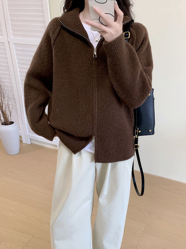 韩版2025年秋冬新款毛衣外套女简约宽松立领拉链毛针织开衫上衣女|undefined