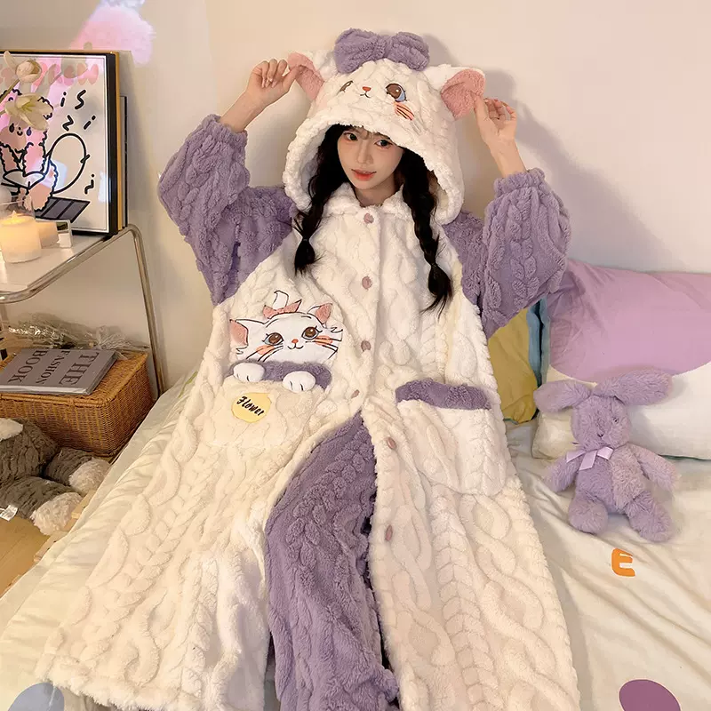 珊瑚绒睡衣女款秋冬季加厚加绒冬天卡通可爱粉小猫家居服套装睡袍