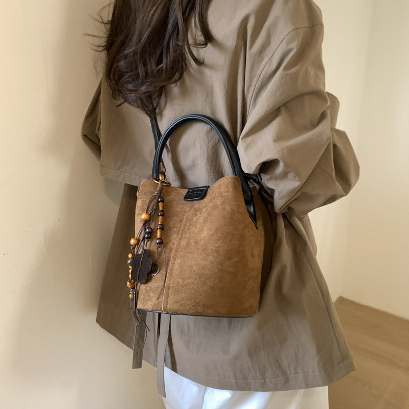 Retro Matte Suede Bucket Bag Lazy Style Fashion Handbag Tote Bag With Matching Pouch Casual Shoulder Crossbody Bag For Women - Thumbnail 2