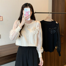拼接雪纺长袖花边圆领针织衫女春季新款蝴蝶结减龄修身上衣打底衫