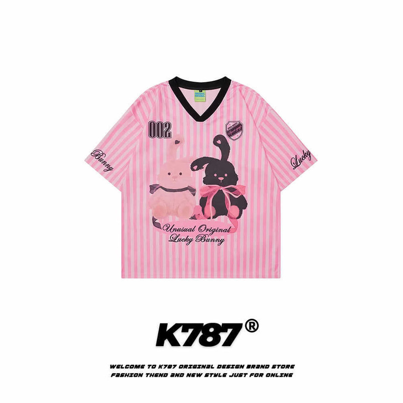 K787 American Retro Blokecore Dopamine Jersey Short-Sleeved T-Shirt Men and Women Pink Stripesd Couple Tops Summer K787 American Retro Blokecore Dopamine Jersey Short-Sleeved T-Shirt Men and Women Pink Stripesd Couple Tops Summer