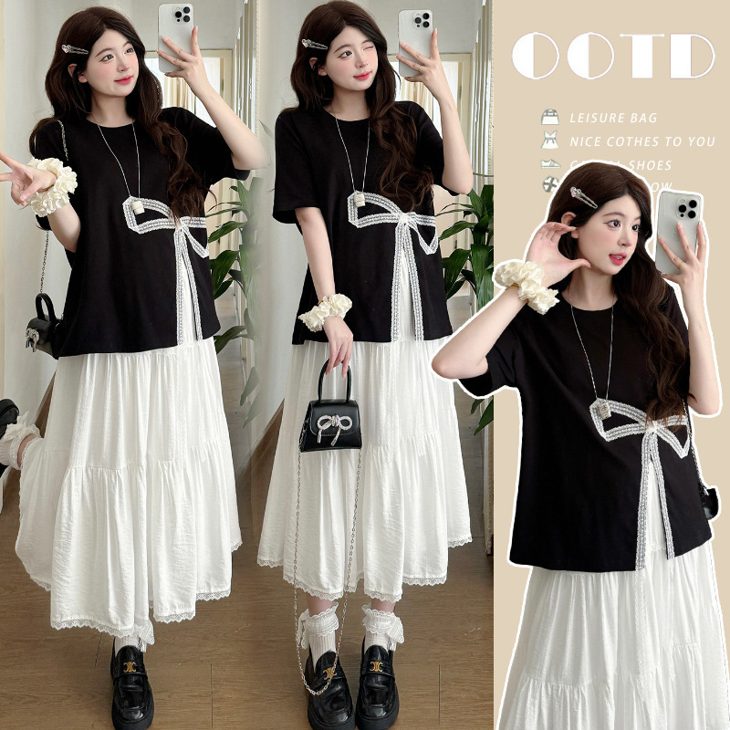 Actual Shot of the 2026 New Summer Korean-Style Loose-Fitting Sweet Bow T-Shirt + Lace Skirt Maternity Set Actual Shot of the 2026 New Summer Korean-Style Loose-Fitting Sweet Bow T-Shirt + Lace Skirt Maternity Set