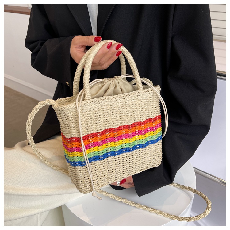 2022 New Rainbow Striped Messenger Straw Handbag 23*19*8 display picture 2