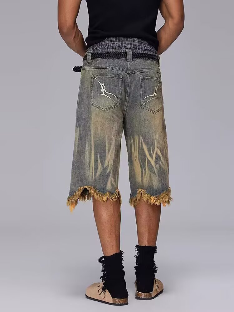 Men's And Women's Trendy Brand Dyed Yellow Mud Washed Distressed Denim Shorts Loose Five Point Style_mkmklike.com