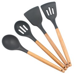 Cross-border wood-handled silicone kitchenware set of 12 pieces, non-stick pan cooking spatulas, silicone spoons, cooking spoons, griddle spatulas