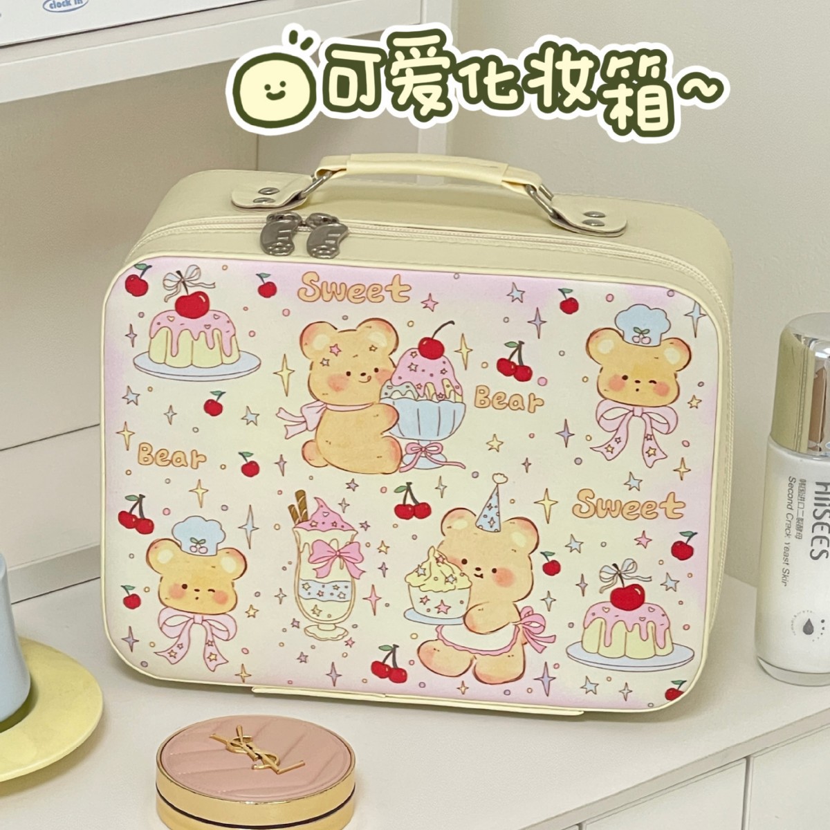 Bolsa de cosméticos con espejo, caja de cosméticos de gran capacidad, bolsa de almacenamiento de cosméticos linda para mujer, maleta impermeable portátil de viaje