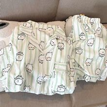 超萌卡通甜美条纹自嘲熊睡衣女夏季薄款短袖短裤可外穿家居服套装