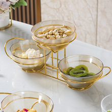 圓形玻璃干果碟小吃碟水果碗鐵藝支架透明點心碗北歐輕奢果碟批發