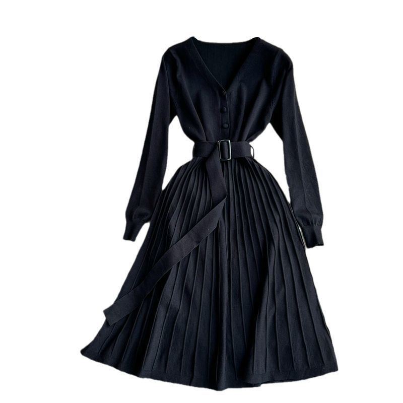 Roupas femininas temperamento elegante decote em v cintura emagrecimento médio e longo vestido de malha plissado linha A_voghion.com