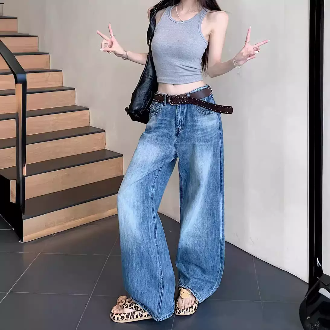 秋季复古水洗蓝阔腿牛仔裤女高腰宽松显瘦垂感大裤脚直筒拖地长裤
