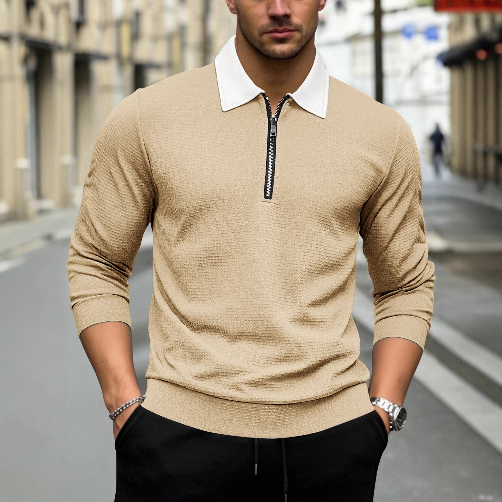 Transfronterizos Europa y América Amazon hombre semia cremallera camiseta de manga larga color cuadrado camiseta deportiva casual polo hombre