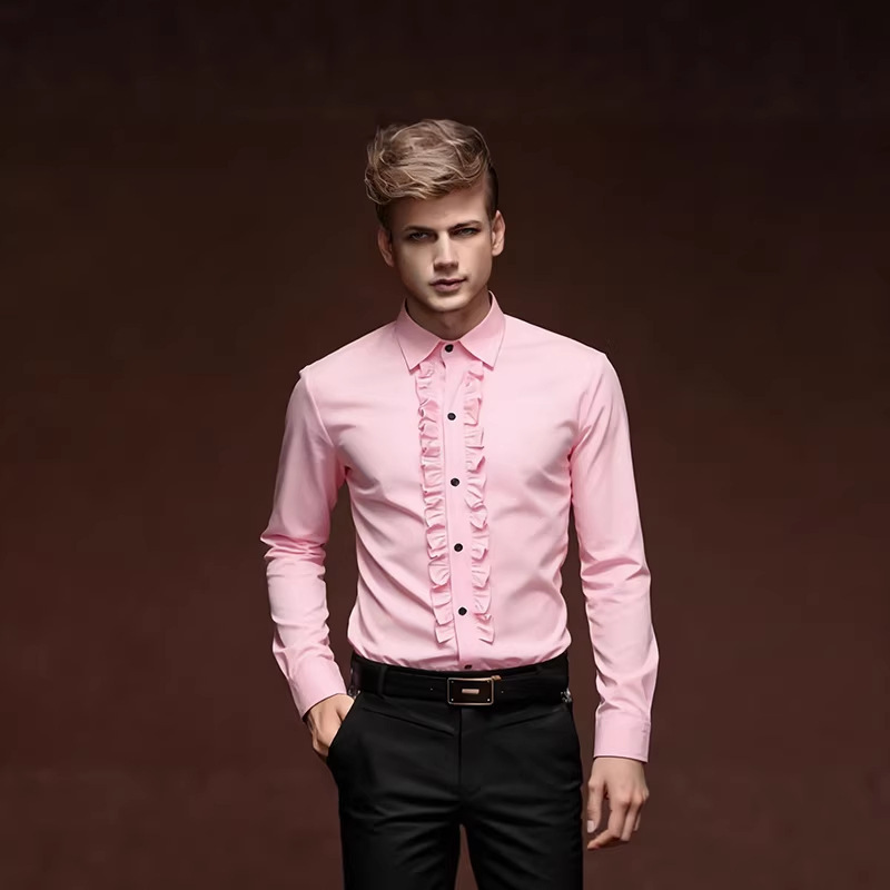 2026 Men's New Party Wedding Dress Long-Sleeved Shirt Men's European and American Trendy Casual Ruffle Shirt Men