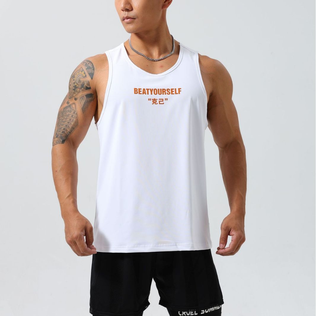 Men's athletic quick-drying stretch tank top, sleeveless basketball jersey with lettering, loose fit, suitable for summer outdoor running, casual wear, and fitness activities, trendy brand