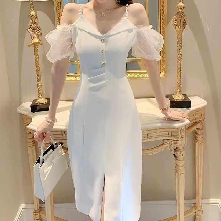 Light Luxury Open-shoulder Design Sling dress Summer New V-neck Elegant Gentle Style Sling Slip Skirt