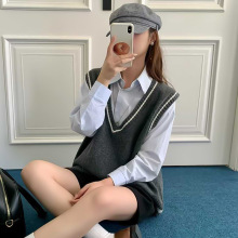 灰色v领韩系针织马甲背心女春秋季新款坎肩毛衣宽松叠穿无袖上衣