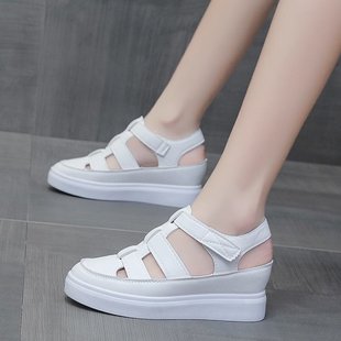 Women's wedge platform closed toe sandals 2023 Summer Korean style versatile Velcro hollow-out women's casual sandals