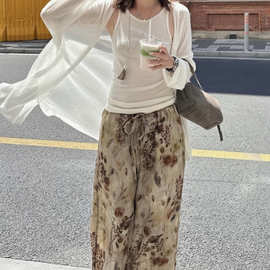 深圳南油2026夏季新款女装天丝麻印花松紧腰阔腿度假慵懒风休闲裤