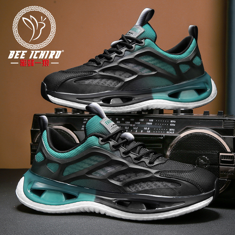 《蜜蜂一狼》品牌男鞋四季新款休閒透氣跑步鞋軟底增高漸變老爹鞋