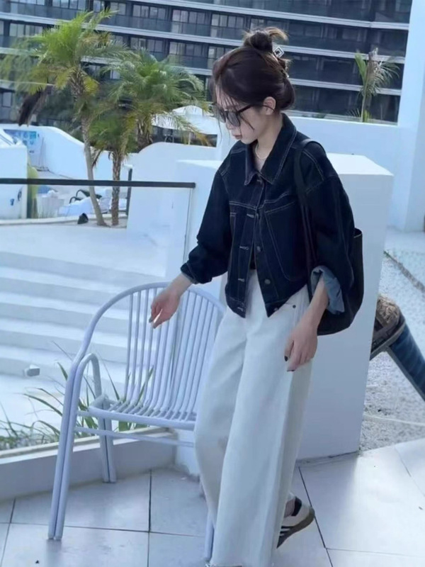 春秋新款深蓝色短款牛仔外套女韩版休闲口袋设计感工装风显瘦上衣|undefined