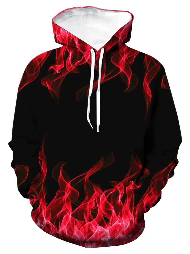 Pull à capuche 3D pour homme, imprimé numérique, motif éclair et flamme, manches longues._voghion.com