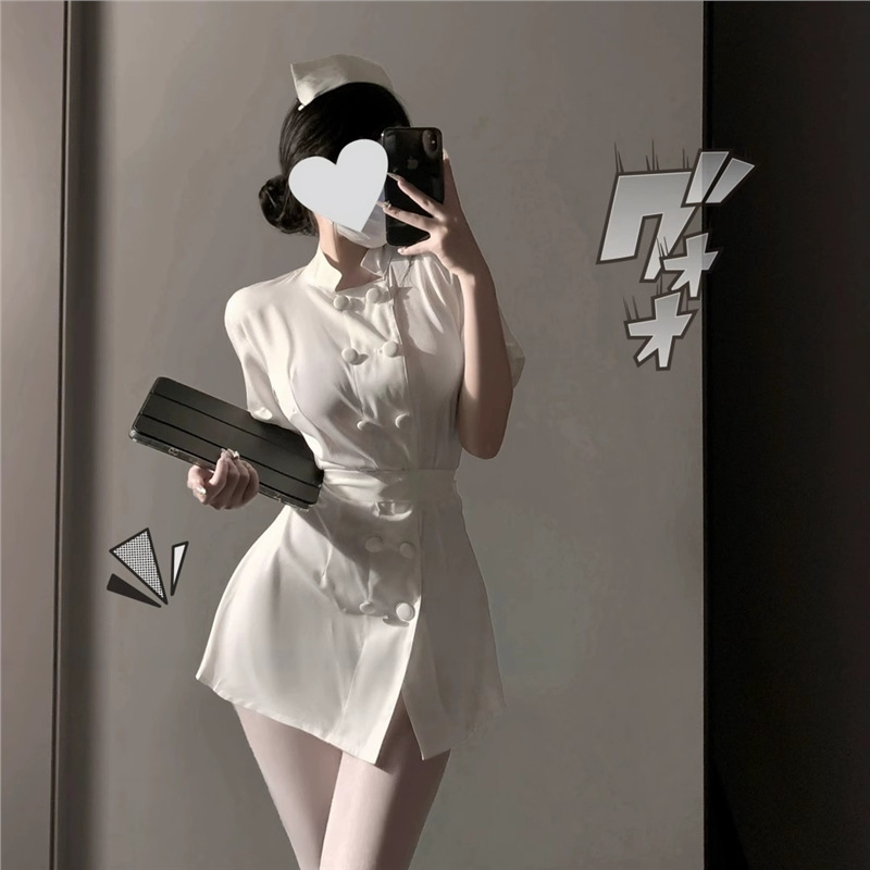 Sleepless Love Lingerie Bra Sexy Nurse Uniform Pure Desire No-Take-Off Pajamas Round Neck Short Skirt with Straps Qqny