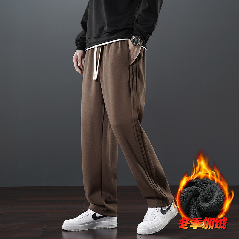 8278 Three-bar Casual Sports Pants Men's Winter Still All-match Pants Solid Color Cotton Flat Pants Winter Fleece-added Pants 8278 Three-bar Casual Sports Pants Men's Winter Still All-match Pants Solid Color Cotton Flat Pants Winter Fleece-added Pants