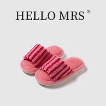 跨境亚马逊条纹撞色开口棉拖鞋女ins毛毛拖鞋设计款居家毛绒拖鞋