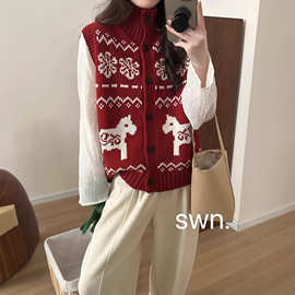 卡通小马刺绣纽扣高领针织开衫马甲女2025秋冬新款宽松毛衣背心潮
