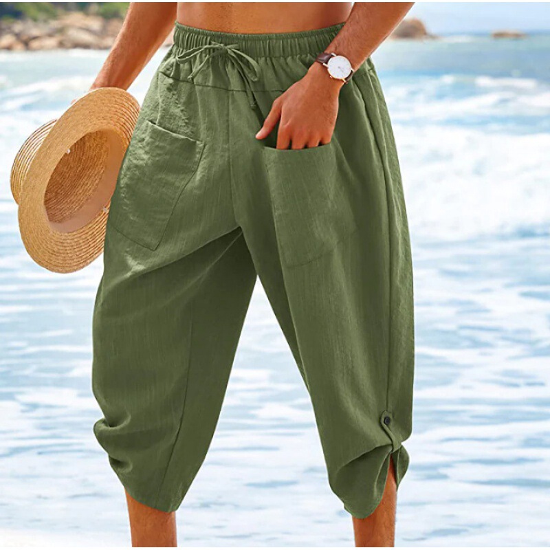 Men's Casual Pants Linen Solid Color Capri Pants 2024 Summer Beach Capri Pants Drawstring Elastic Waist Front Pocket