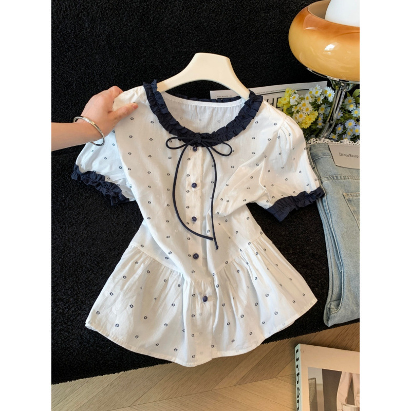 Stylish Color-Blocked Ruffled Tie-Neck Short-Sleeve Shirt for Women, Summer 2026 New Style, Petite Waist-Cinching Slimming Top Stylish Color-Blocked Ruffled Tie-Neck Short-Sleeve Shirt for Women, Summer 2026 New Style, Petite Waist-Cinching Slimming Top