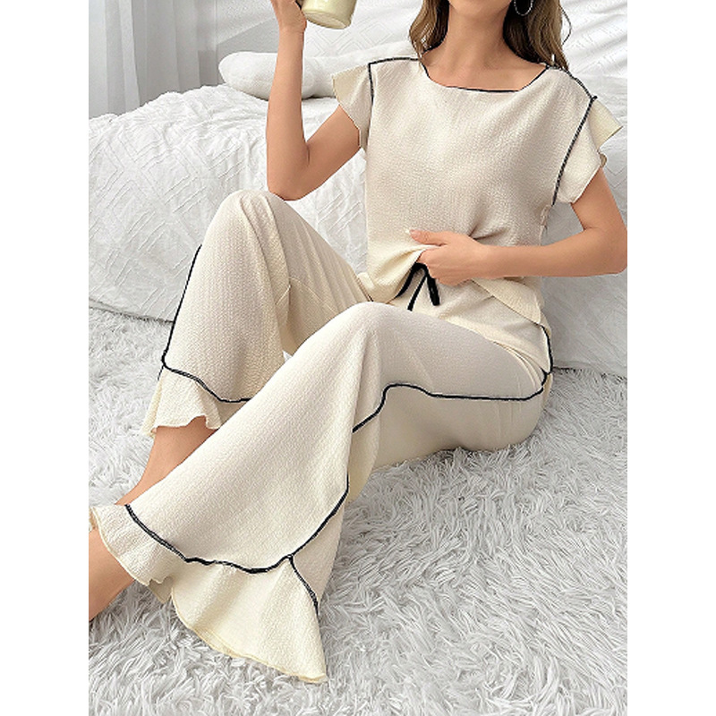 ChicShe Damen-Pyjama-Set mit Rundhalsausschnitt und gekreuzten Bordüren, bequem, für Frühling/Sommer, neue hochwertige Patchwork-Farbblock-Zierelemente, europäischer Stil_voghion.com