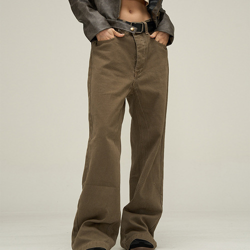 Vintage American Carmel Coffee Color Loose Men's Cool Streetwear Leisure Cleanfit Pants Couple