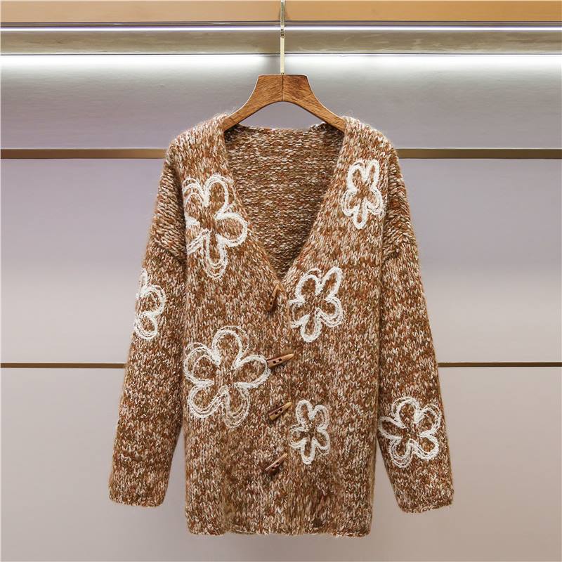 In Stock! High-End Women's Clothing 2025 Autumn New Style Beige Brown Mixed Color Woolen Thick Stick Needle Embroider Flower Knitwear Cardigan