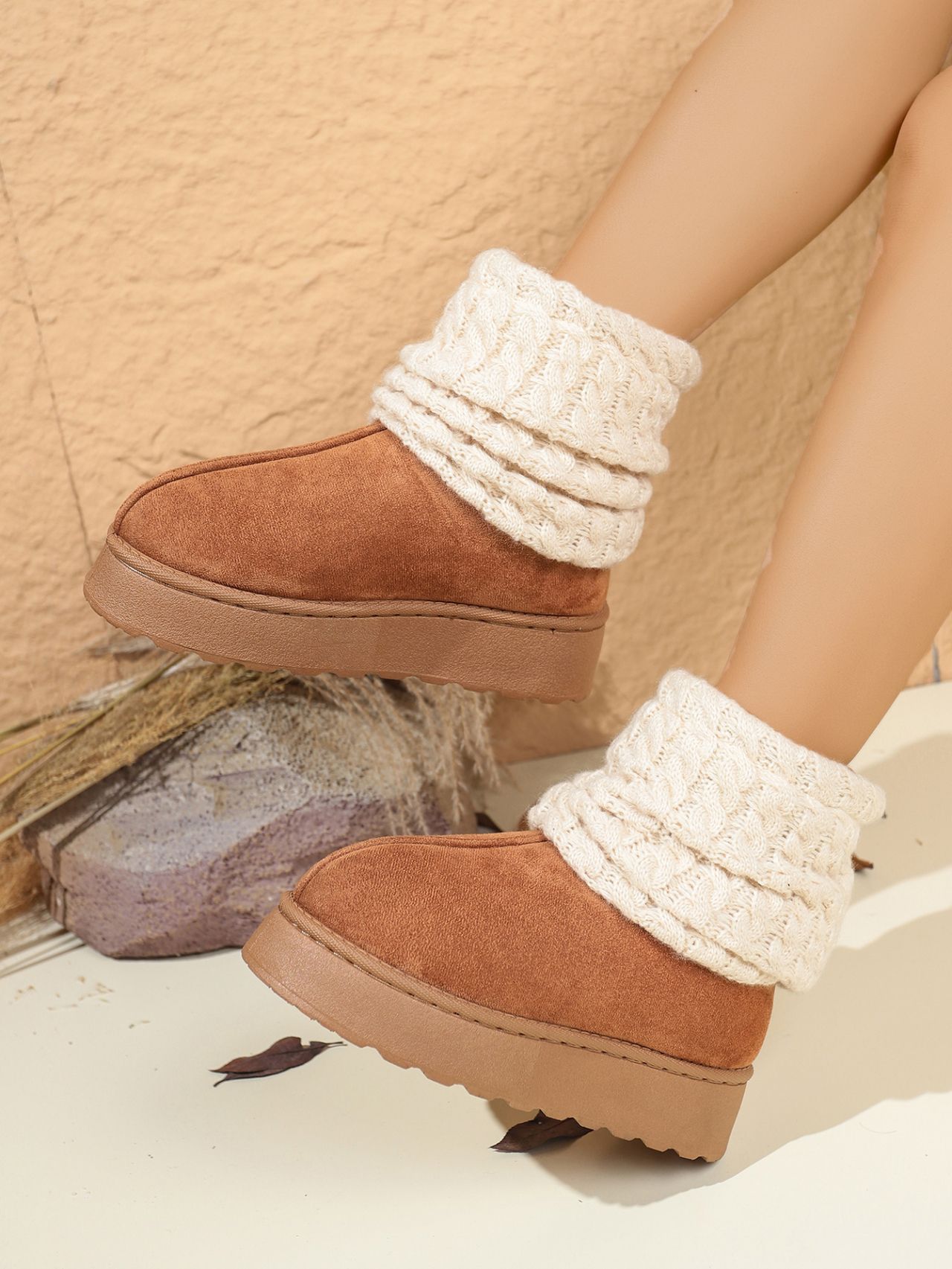 Women's Winter Thick Soled Knitted Snow Boots Fleece Lined Warm Slip On Plus Size Cotton Shoes_vogvips.com