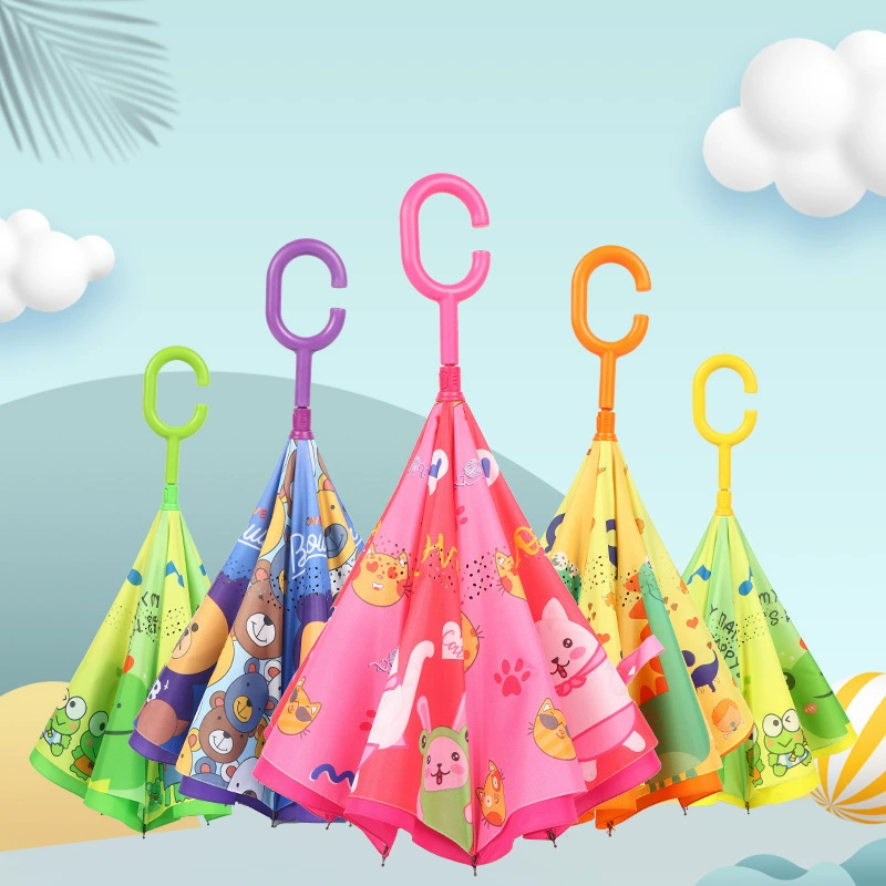 Детский милый мультяшный Зонт с рисунком животных, обратный Зонт с длинной ручкой, 8-костяной стоячий двухслойный зонт C-типа оптом