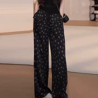 设计感木耳边印花薄款醋酸阔腿裤女夏季新款宽松显瘦休闲直筒长裤