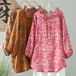 Spring and Summer 2025 Cotton and Linen Printed Wood-ear Collar Thin Loose Slimming plus size Floral Shirt Top for Women