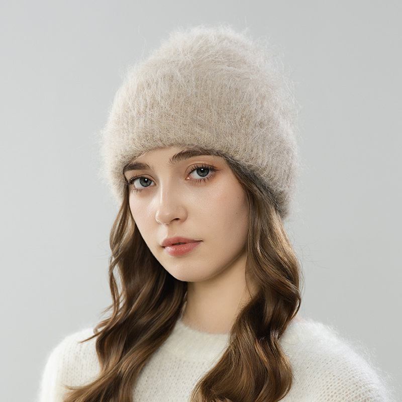 Mũ len beanie nữ lông cừu giữ ấm, vành tai bảo vệ, cỡ đầu lớn — màu be