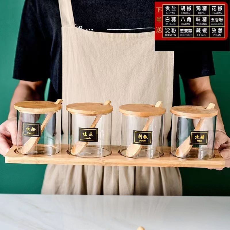 alta borosilicona vidrio condimento lata cubierta de madera de bambú con cuchara condimento lata cocina doméstica almacenamiento condimento lata spot