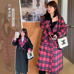 A497 Slightly Fat Large Size Korean Style Retro Two-Wear Plaid Coat Winter Mid-Length Elegant Loose Flesh-Covering Coat-Bfd