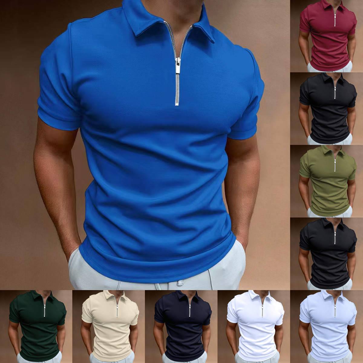 Cross-Border European Size Men's Summer Lightweight Breathable Solid Color Zipper Decorative Lapel Short-Sleeved Men's Polo Shirt