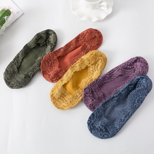 Boat socks for women, retro lace socks for women, pure cotton socks with shallow bottoms, fully invisible silicone non-slip high heels socks wholesale