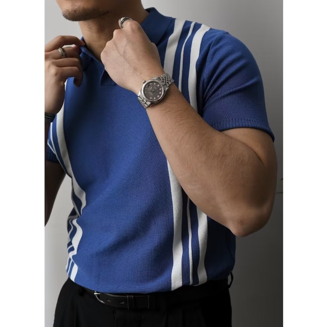 Moda casual solapa polo de color sólido suéter casual de punto de manga corta para hombres verano nuevo estilo transpirable tendencia camiseta para hombres