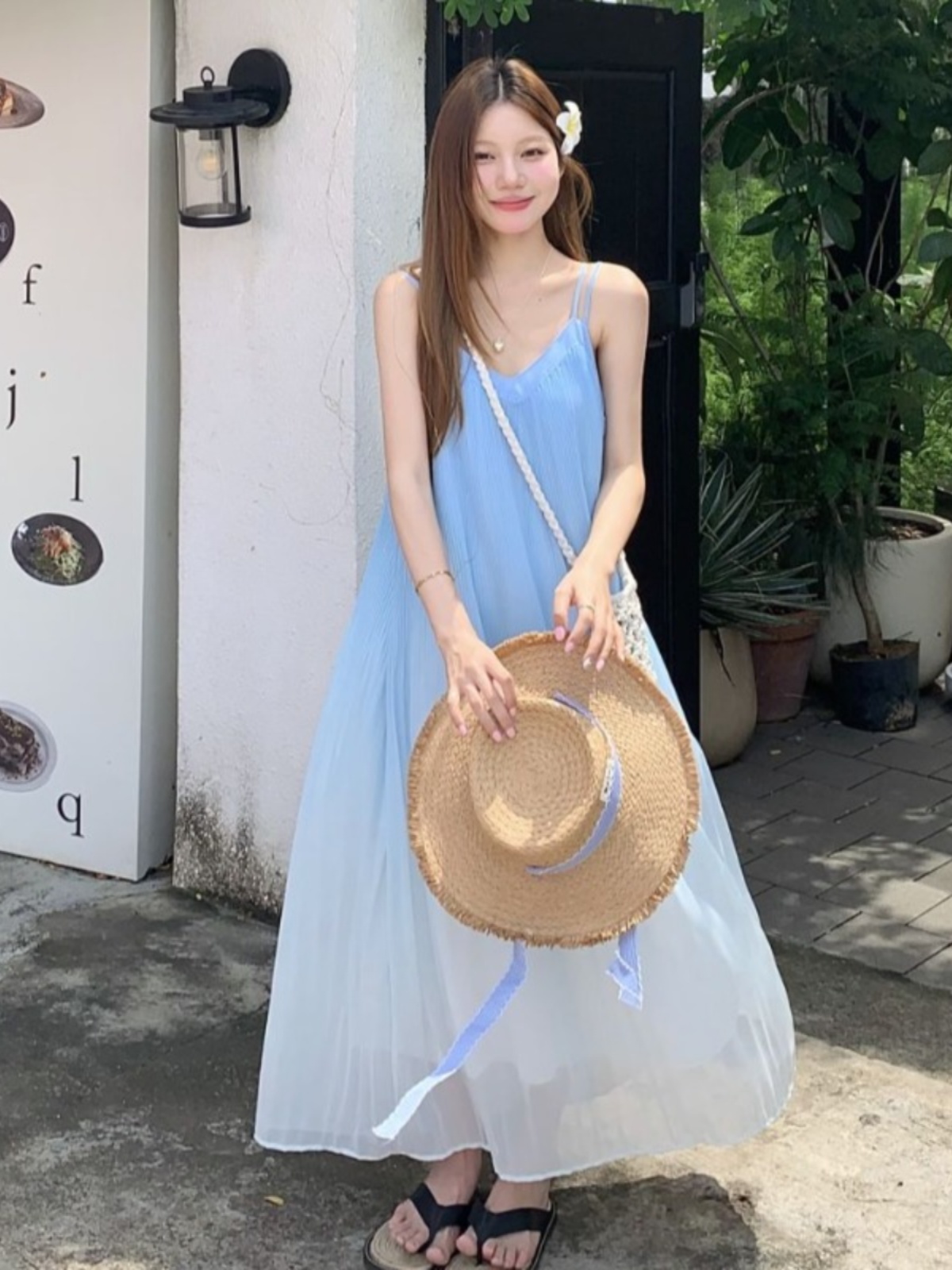 해변 휴가 스타일 블루 그라데이션 서스펜더 드레스 여름 신작 플러스 사이즈 뚱뚱한 mm 배를 덮는 쉬폰 롱 스커트 비치 스커트