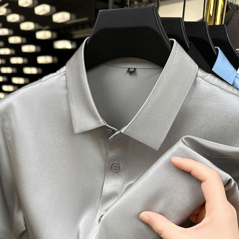 High-End Silk Shirt Men's Short-Sleeved Summer Thin Pure Color Silks and Satins Shirt Men's Middle-Aged Mulberry Silk Stretch Half-Sleeve High-End Silk Shirt Men's Short-Sleeved Summer Thin Pure Color Silks and Satins Shirt Men's Middle-Aged Mulberry Silk Stretch Half-Sleeve