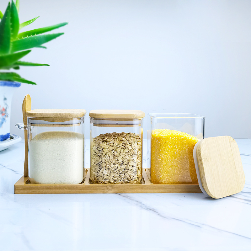 In-Stock Ear-Shaped Jar with Spoon Set, Bamboo Wood High Borosilicate Glass Kitchen Storage Jar, Seasoning Bottle, Spice Bottle