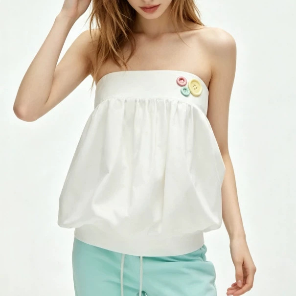 Korean-style niche colorful button-decorated strapless top for women, summer ruched loose-fitting strapless sweet and cool tank top Korean-style niche colorful button-decorated strapless top for women, summer ruched loose-fitting strapless sweet and cool tank top