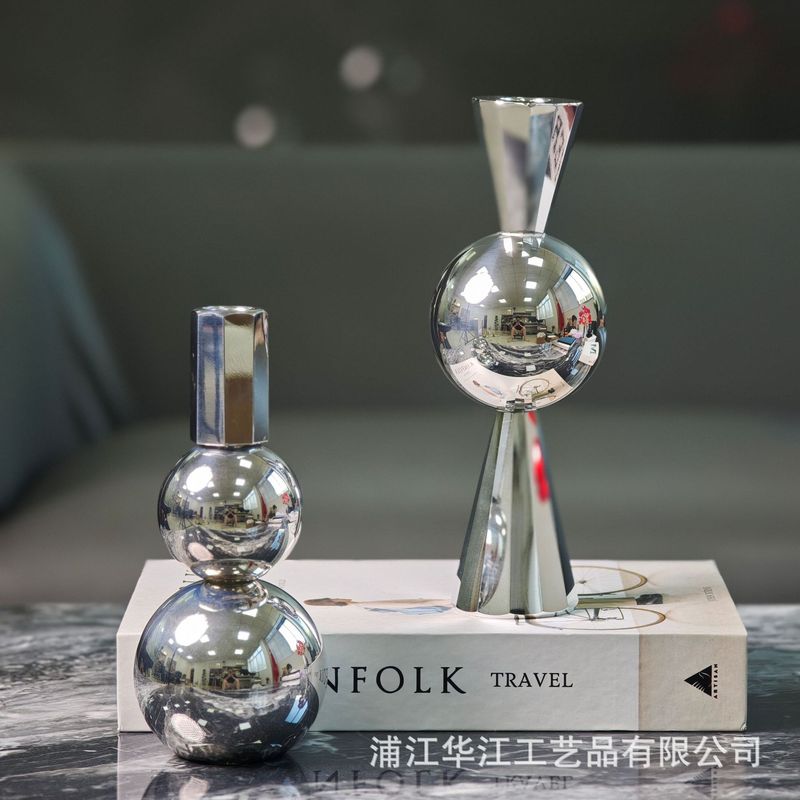 ヨーロッパのライト高級シルバーひょうたん型クリスタル燭台装飾品モダンなシンプルなモデルルームの家の装飾|undefined